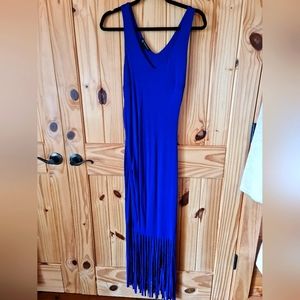 INC Knee Length Deep Double V Ruched Stretch Fringe  Royal Blue EUC Size M